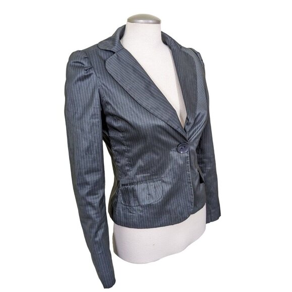 H&M One Button Blazer Womens 6 Gray Shiny Jacket Pinstripe Puff Sleeve Pockets - Picture 7 of 10
